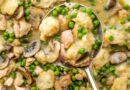 Chicken and Dumplings with Leeks, Mushrooms and Peas
